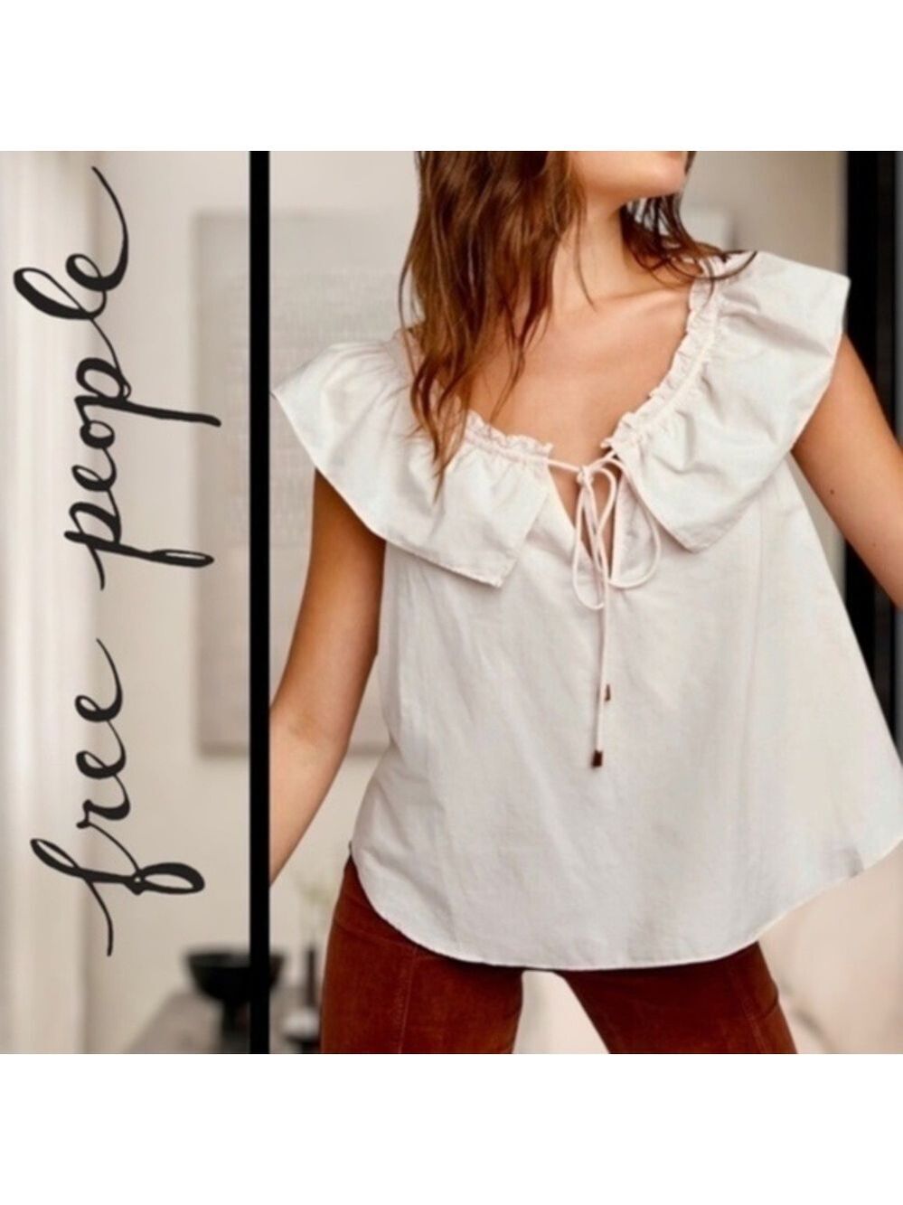 FREE PEOPLE Far Out Ruffled Peasant-Tie Neck Breezy Cotton Poplin Top NWT/Md